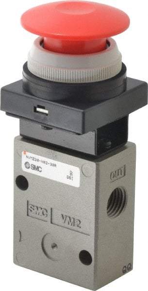 SMC PNEUMATICS - 1.00 CV Rate, 1/4" NPT Inlet Mechanical Valve - 3 Way, 2 Ports, Push Button Mushroom - Exact Tool & Supply