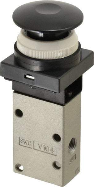 SMC PNEUMATICS - 0.38 CV Rate, 1/4" NPT Inlet Mechanical Valve - 3 Way, 3 Ports, Push Button Mushroom - Exact Tool & Supply