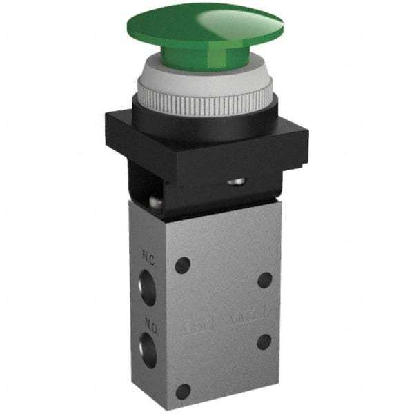 SMC PNEUMATICS - 0.38 CV Rate, 1/4" NPT Inlet Mechanical Valve - 3 Way, 3 Ports, Push Button Mushroom - Exact Tool & Supply