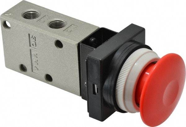 SMC PNEUMATICS - 0.38 CV Rate, 1/4" NPT Inlet Mechanical Valve - 3 Way, 3 Ports, Push Button Mushroom - Exact Tool & Supply