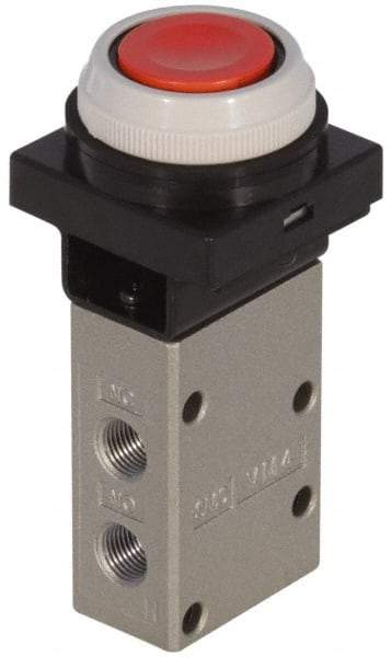 SMC PNEUMATICS - 0.38 CV Rate, 1/4" NPT Inlet Mechanical Valve - 3 Way, 3 Ports, Push Button Flush - Exact Tool & Supply