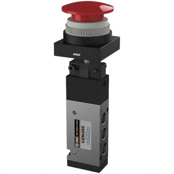 SMC PNEUMATICS - 0.55 CV Rate, 1/8" NPT Inlet Mechanical Valve - 4 Way, 5 Ports, Push Button Mushroom - Exact Tool & Supply