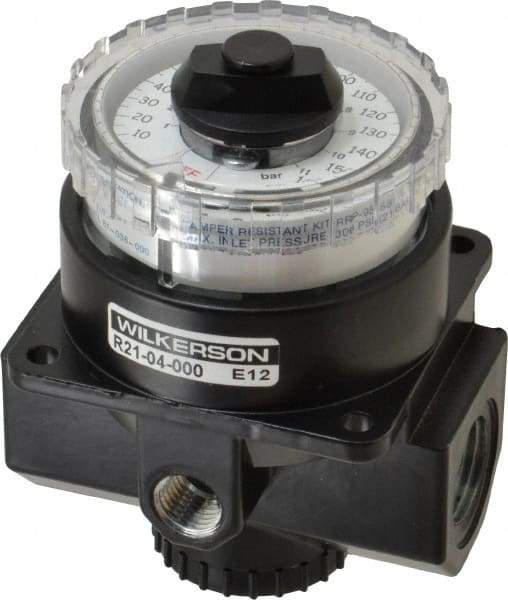 Wilkerson - 1/2 NPT Port, 195 CFM, Zinc Dial Air Regulator - 5 to 160 psi Range, 300 Max psi Supply Pressure, 1/4" Gauge Port Thread, 3.2" Wide x 4.19" High - Exact Tool & Supply