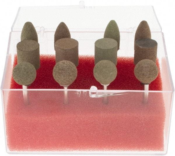 Grier Abrasives - 12 Piece Aluminum Oxide Rubber Rubber Mounted Abrasive Wheel Set - Includes Mounted Wheels with 1/8" Diam x 1-1/2" Long Shank - Exact Tool & Supply