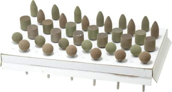 Grier Abrasives - 36 Piece Aluminum Oxide Rubber Rubber Mounted Abrasive Wheel Set - Includes Mounted Wheels with 1/8" Diam x 1-1/2" Long Shank - Exact Tool & Supply