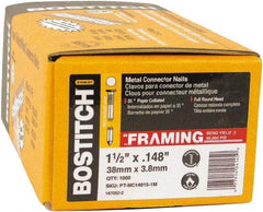 Stanley Bostitch - 10 Gauge 0.148" Shank Diam 1-1/2" Long Metal Connecting Nails for Power Nailers - Steel, Bright Finish, Smooth Shank, Angled Stick Paper Tape Collation, Round Head, Diamond Point - Exact Tool & Supply