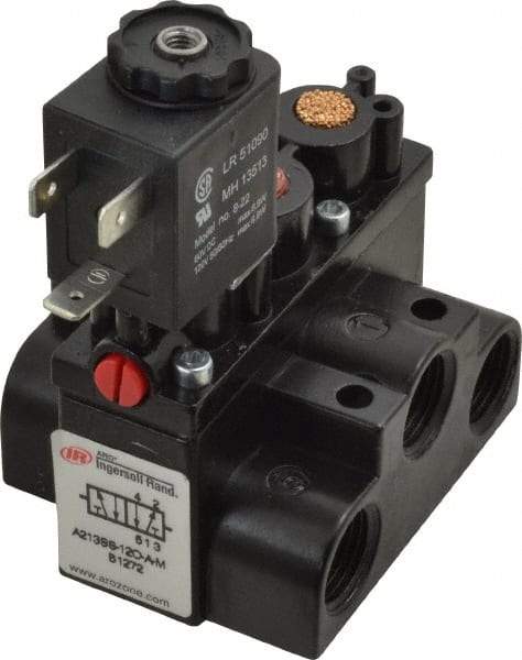 ARO/Ingersoll-Rand - 3/8" Inlet x 3/8" Outlet, Solenoid Actuator, Spring Return, 2 Position, Body Ported Solenoid Air Valve - 120 VAC Input, 63 CFM, 1.7 CV, 4 Way, 150 psi, 3-1/2" Long x '2-1/2" Wide x 3-5/8" High, 0 to 180°F - Exact Tool & Supply