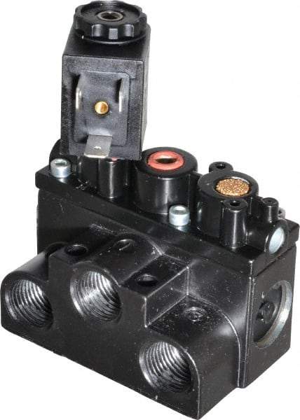 ARO/Ingersoll-Rand - 3/8" Inlet x 3/8" Outlet, Solenoid Actuator, Spring Return, 2 Position, Body Ported Solenoid Air Valve - 24 VDC Input, 63 CFM, 1.7 CV, 4 Way, 150 psi, 3-1/2" Long x '2-1/2" Wide x 3-5/8" High, 0 to 180°F - Exact Tool & Supply