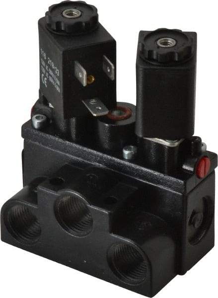 ARO/Ingersoll-Rand - 3/8" Inlet x 3/8" Outlet, Solenoid Actuator, Solenoid Return, 2 Position, Body Ported Solenoid Air Valve - 120 VAC Input, 63 CFM, 1.7 CV, 4 Way, 150 psi, 4" Long x '2-1/2" Wide x 3-5/8" High, 0 to 180°F - Exact Tool & Supply
