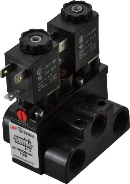 ARO/Ingersoll-Rand - 3/8" Inlet x 3/8" Outlet, Solenoid Actuator, Solenoid Return, 2 Position, Body Ported Solenoid Air Valve - 24 VDC Input, 63 CFM, 1.7 CV, 4 Way, 150 psi, 4" Long x '2-1/2" Wide x 3-5/8" High, 0 to 180°F - Exact Tool & Supply