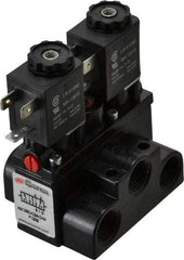 ARO/Ingersoll-Rand - 3/8" Inlet x 3/8" Outlet, Solenoid Actuator, Solenoid Return, 2 Position, Body Ported Solenoid Air Valve - 24 VDC Input, 63 CFM, 1.7 CV, 4 Way, 150 psi, 4" Long x '2-1/2" Wide x 3-5/8" High, 0 to 180°F - Exact Tool & Supply