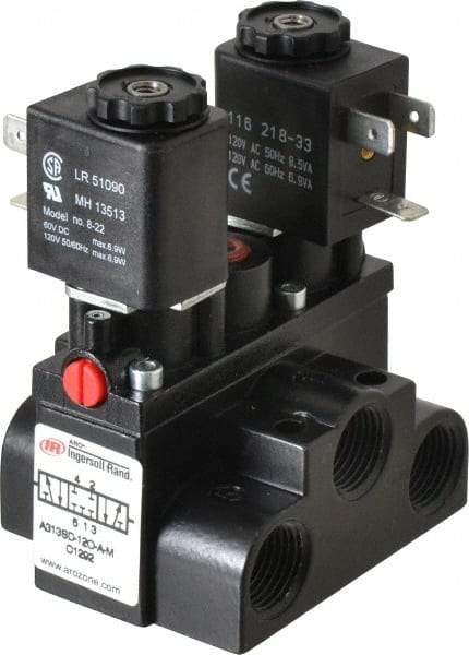 ARO/Ingersoll-Rand - 3/8" Inlet x 3/8" Outlet, Solenoid Actuator, Solenoid Return, 3 Position, Body Ported Solenoid Air Valve - 120 VAC Input, 63 CFM, 1.7 CV, 4 Way, 150 psi, 4" Long x '2-1/2" Wide x 3-5/8" High, 0 to 180°F - Exact Tool & Supply