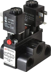 ARO/Ingersoll-Rand - 3/8" Inlet x 3/8" Outlet, Solenoid Actuator, Solenoid Return, 3 Position, Body Ported Solenoid Air Valve - 120 VAC Input, 63 CFM, 1.7 CV, 4 Way, 150 psi, 4" Long x '2-1/2" Wide x 3-5/8" High, 0 to 180°F - Exact Tool & Supply