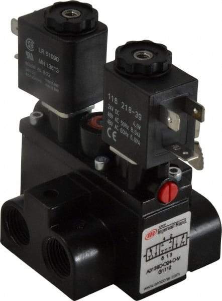 ARO/Ingersoll-Rand - 3/8" Inlet x 3/8" Outlet, Solenoid Actuator, Solenoid Return, 3 Position, Body Ported Solenoid Air Valve - 24 VDC Input, 63 CFM, 1.7 CV, 4 Way, 150 psi, 4" Long x '2-1/2" Wide x 3-5/8" High, 0 to 180°F - Exact Tool & Supply