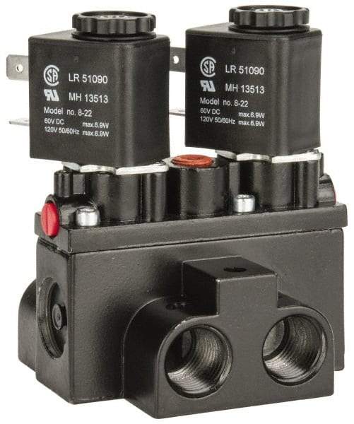 ARO/Ingersoll-Rand - 3/8" Inlet x 3/8" Outlet, Solenoid Actuator, Solenoid Return, 3 Position, Body Ported Solenoid Air Valve - 120 VAC Input, 63 CFM, 1.7 CV, 4 Way, 150 psi, 4" Long x '2-1/2" Wide x 3-5/8" High, 0 to 180°F - Exact Tool & Supply