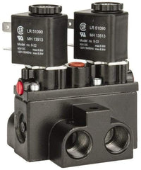 ARO/Ingersoll-Rand - 3/8" Inlet x 3/8" Outlet, Solenoid Actuator, Solenoid Return, 3 Position, Body Ported Solenoid Air Valve - 120 VAC Input, 63 CFM, 1.7 CV, 4 Way, 150 psi, 4" Long x '2-1/2" Wide x 3-5/8" High, 0 to 180°F - Exact Tool & Supply