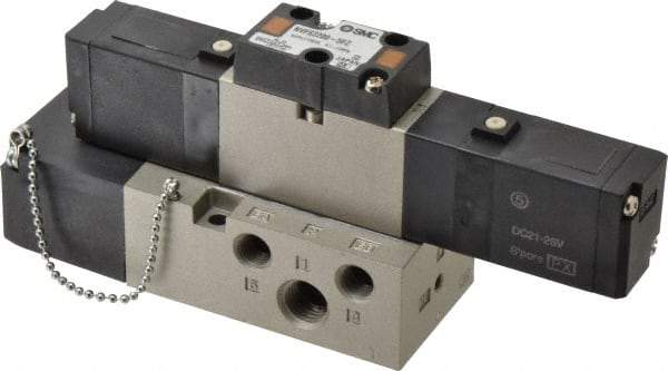 SMC PNEUMATICS - 0.8 CV Flow Rate, Double Solenoid Pilot Operated Valve - 5 Port, 2 Position, 1/4" NPT Inlet, 24 V - Exact Tool & Supply