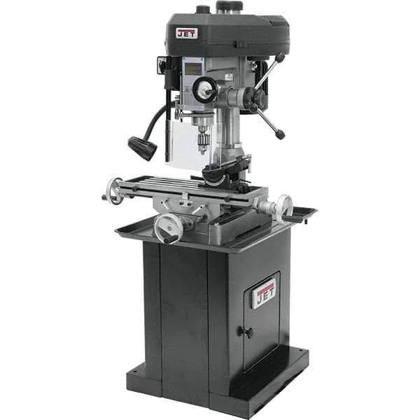 Jet - 1 Phase, 14-1/2" Swing, Step Pulley Mill Drill Machine - 23" Table Length x 7-1/2" Table Width, 14" Longitudinal Travel, 5-1/2" Cross Travel, 12 Spindle Speeds, 1 hp, 115/230 Volts - Exact Tool & Supply