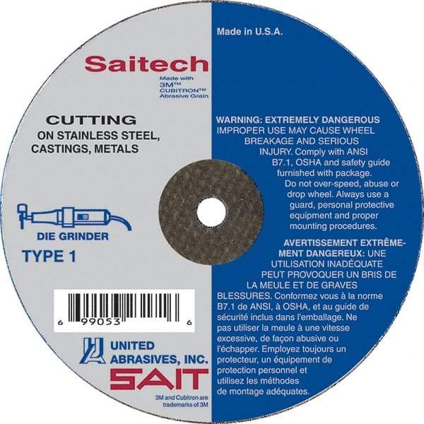 Sait - 3" Aluminum Oxide Cutoff Wheel - 0.035" Thick, 3/8" Arbor, 25,000 Max RPM, Use with Die Grinders - Exact Tool & Supply