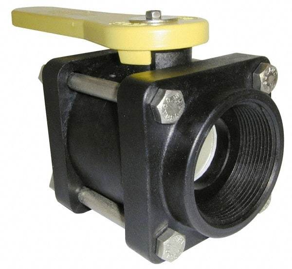 Green Leaf - 1-1/4" Pipe, Full Port, Polypropylene Standard Ball Valve - 3 Piece, Inline - One Way Flow, FNPT x FNPT Ends, Lever Handle, 150 WOG - Exact Tool & Supply