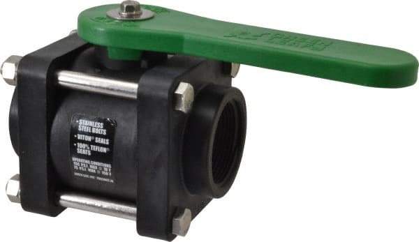 Green Leaf - 1-1/2" Pipe, Standard Port, Polypropylene Standard Ball Valve - 3 Piece, Inline - One Way Flow, FNPT x FNPT Ends, Lever Handle, 150 WOG - Exact Tool & Supply