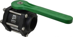 Green Leaf - 2" Pipe, Full Port, Polypropylene Standard Ball Valve - 3 Piece, Inline - One Way Flow, FNPT x FNPT Ends, Lever Handle, 100 WOG - Exact Tool & Supply