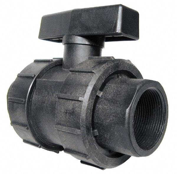Green Leaf - 1-1/4" Pipe, Full Port, Polypropylene True Union Design Ball Valve - Inline - One Way Flow, FNPT x FNPT Ends, Tee Handle, 125 WOG - Exact Tool & Supply
