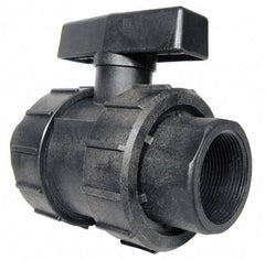 Green Leaf - 1-1/4" Pipe, Full Port, Polypropylene True Union Design Ball Valve - Inline - One Way Flow, FNPT x FNPT Ends, Tee Handle, 125 WOG - Exact Tool & Supply