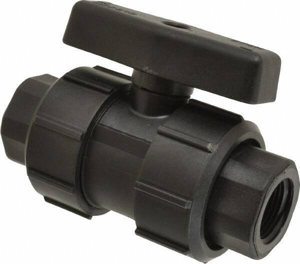 Green Leaf - 3/4" Pipe, Full Port, Polypropylene True Union Design Ball Valve - Inline - One Way Flow, FNPT x FNPT Ends, Tee Handle, 125 WOG - Exact Tool & Supply
