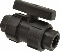 Green Leaf - 3/4" Pipe, Full Port, Polypropylene True Union Design Ball Valve - Inline - One Way Flow, FNPT x FNPT Ends, Tee Handle, 125 WOG - Exact Tool & Supply