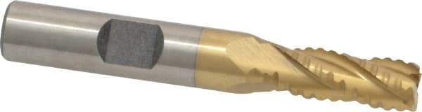 Interstate - 5/16" Diam, 3/4" LOC, 4 Flute Cobalt Roughing & Finishing Square End Mill - TiN Finish, 2-1/2" OAL, 3/8" Shank Diam, Weldon Shank, 30° Helix, Non-Centercutting - Exact Tool & Supply