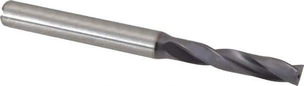 Kennametal - 3/16" 180° Spiral Flute Solid Carbide Screw Machine Drill Bit - TiAlN Finish, Right Hand Cut, 1-7/64" Flute Length, 66mm OAL, Flat-Bottom Point, Straight Shank, Through Coolant - Exact Tool & Supply