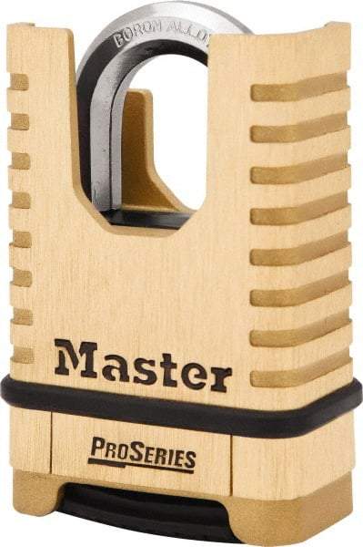 Master Lock - 2-1/4" Body Width x 3-1/2" Body Height, 1-1/16" Shackle Clearance, Brass Finish Combination Lock - 3/8" Shackle Diam, 15/16" Shackle Width, Set Your Own 4 Digit Combination - Exact Tool & Supply