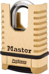 Master Lock - 2-1/4" Body Width x 3-1/2" Body Height, 1-1/16" Shackle Clearance, Brass Finish Combination Lock - 3/8" Shackle Diam, 15/16" Shackle Width, Set Your Own 4 Digit Combination - Exact Tool & Supply