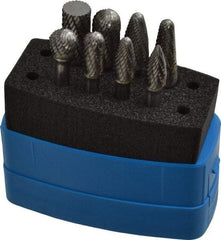 Made in USA - 8 Piece, 1/4" Shank Burr Set - Solid Carbide, Multiple Head Shapes, 14° Included Angle - Exact Tool & Supply