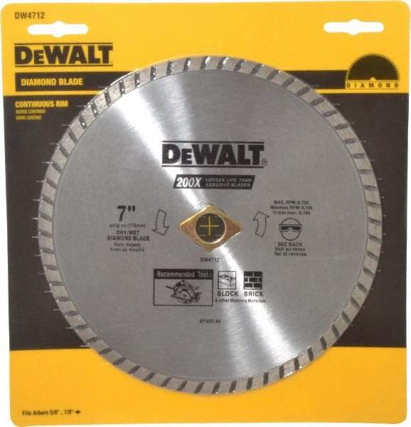 DeWALT - 7" Diam, 5/8" Arbor Hole Diam, Wet & Dry Cut Saw Blade - Diamond-Tipped, Standard Round Arbor - Exact Tool & Supply
