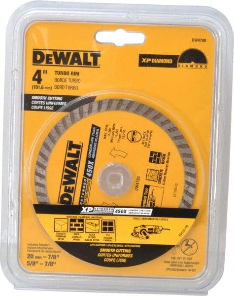 DeWALT - 4" Diam, 7/8" Arbor Hole Diam, Wet & Dry Cut Saw Blade - Diamond-Tipped, Standard Round Arbor - Exact Tool & Supply