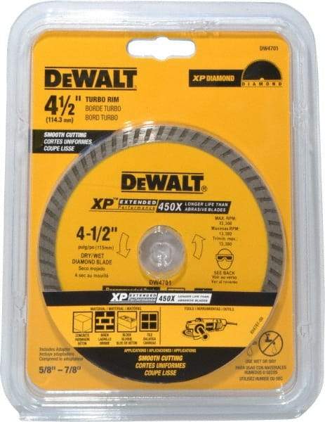 DeWALT - 4-1/2" Diam, 7/8" Arbor Hole Diam, Wet & Dry Cut Saw Blade - Diamond-Tipped, Standard Round Arbor - Exact Tool & Supply