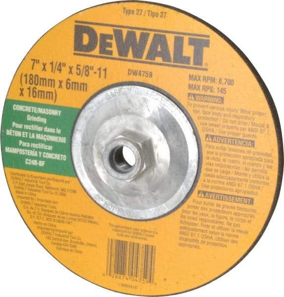 DeWALT - 24 Grit, 7" Wheel Diam, 1/4" Wheel Thickness, Type 27 Depressed Center Wheel - Silicon Carbide, R Hardness, 8,700 Max RPM, Compatible with Angle Grinder - Exact Tool & Supply