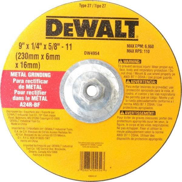 DeWALT - 24 Grit, 9" Wheel Diam, 1/4" Wheel Thickness, Type 27 Depressed Center Wheel - Aluminum Oxide, R Hardness, 6,600 Max RPM, Compatible with Angle Grinder - Exact Tool & Supply