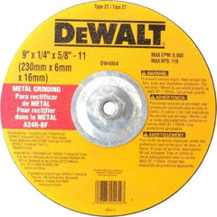 DeWALT - 24 Grit, 9" Wheel Diam, 1/4" Wheel Thickness, Type 27 Depressed Center Wheel - Aluminum Oxide, R Hardness, 6,600 Max RPM, Compatible with Angle Grinder - Exact Tool & Supply