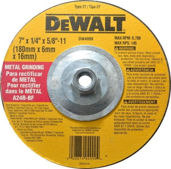 DeWALT - 24 Grit, 7" Wheel Diam, 1/4" Wheel Thickness, Type 27 Depressed Center Wheel - Aluminum Oxide, R Hardness, 8,700 Max RPM, Compatible with Angle Grinder - Exact Tool & Supply