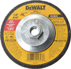 DeWALT - 24 Grit, 5" Wheel Diam, 1/4" Wheel Thickness, Type 27 Depressed Center Wheel - Aluminum Oxide, R Hardness, 12,200 Max RPM, Compatible with Angle Grinder - Exact Tool & Supply