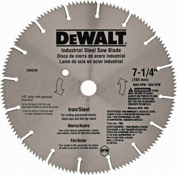 DeWALT - 7-1/4" Diam, 5/8" Arbor Hole Diam, 16 Tooth Wet & Dry Cut Saw Blade - Steel, Smooth Action, Standard Round Arbor - Exact Tool & Supply