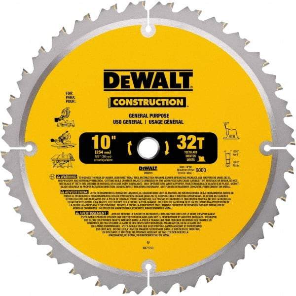 DeWALT - 10" Diam, 5/8" Arbor Hole Diam, 32 Tooth Wet & Dry Cut Saw Blade - Carbide-Tipped, General Purpose Action, Standard Round Arbor - Exact Tool & Supply