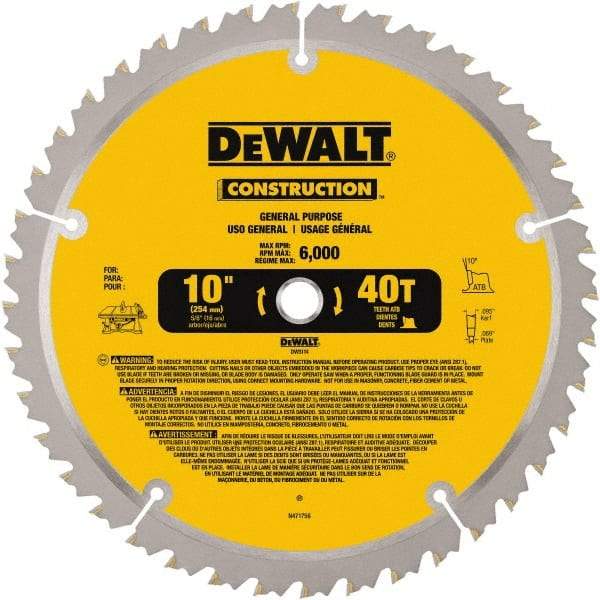 DeWALT - 10" Diam, 5/8" Arbor Hole Diam, 40 Tooth Wet & Dry Cut Saw Blade - Carbide-Tipped, General Purpose Action, Standard Round Arbor - Exact Tool & Supply
