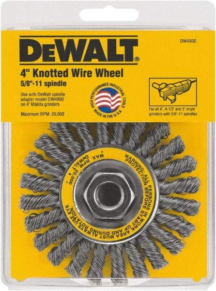 DeWALT - 4" OD, 5/8" Arbor Hole, Knotted Steel Wheel Brush - 4" Face Width, 1" Trim Length - Exact Tool & Supply