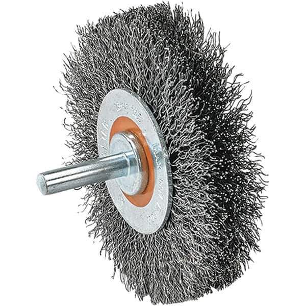 WALTER Surface Technologies - 2" OD, 1/4" Shank Diam, Crimped Steel Wheel Brush - 5/8" Face Width, 0.0118" Filament Diam, 25,000 RPM - Exact Tool & Supply