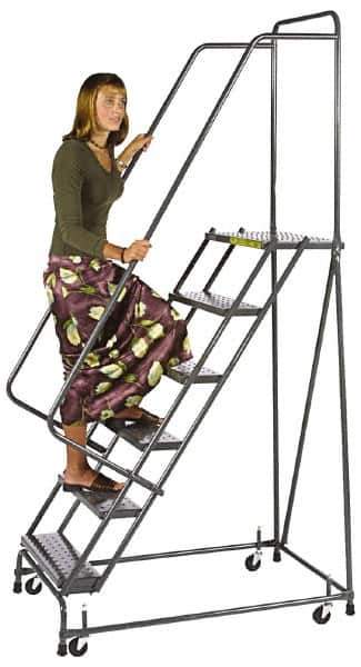 Ballymore - 103" 7 Step Ladder - Spring Loaded Rolling Safety Ladder, 450 Lb Capacity, 70" Platform Height, 24" Base Width x 56" Base Depth, Perforated Tread - Exact Tool & Supply