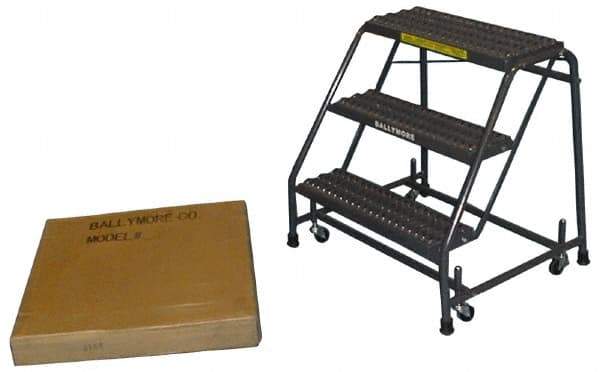 Ballymore - 28-1/2" 3 Step Ladder - Spring Loaded Rolling Safety Ladder, 450 Lb Capacity, 28-1/2" Platform Height, 20" Base Width x 25" Base Depth, Abrasive Mat Tread - Exact Tool & Supply